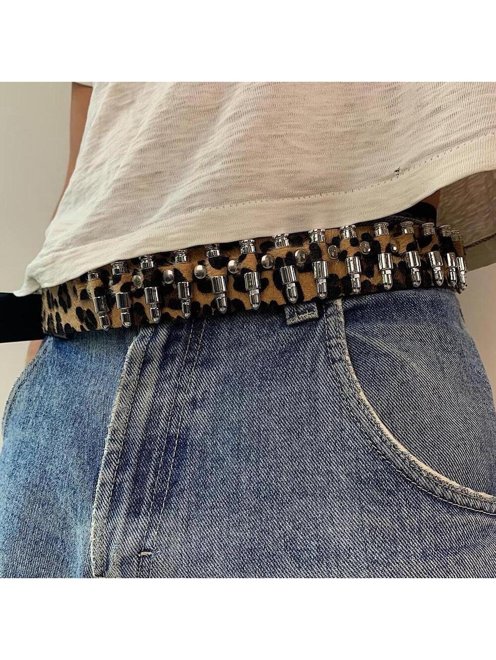 Cyber Bullet belt Cheetah Fur studded vintage y2k style. Cool grunge/punk look - Picture 3 of 8
